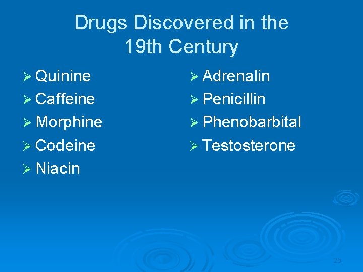 Drugs Discovered in the 19 th Century Ø Quinine Ø Adrenalin Ø Caffeine Ø