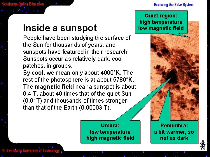 Inside a sunspot Quiet region: high temperature low magnetic field People have been studying