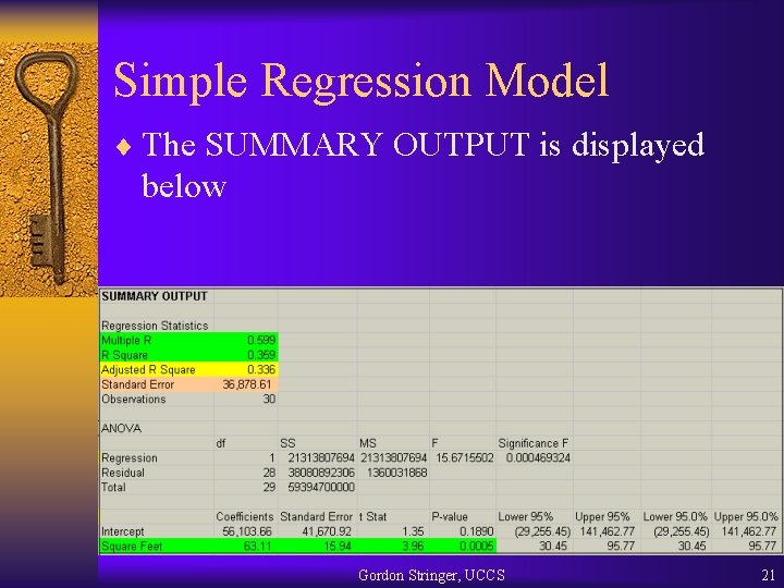Simple Regression Model ¨ The SUMMARY OUTPUT is displayed below Gordon Stringer, UCCS 21