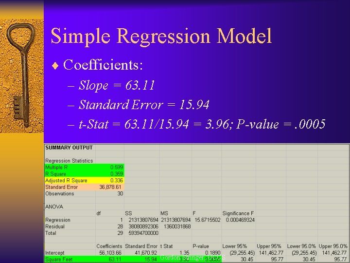 Simple Regression Model ¨ Coefficients: – Slope = 63. 11 – Standard Error =