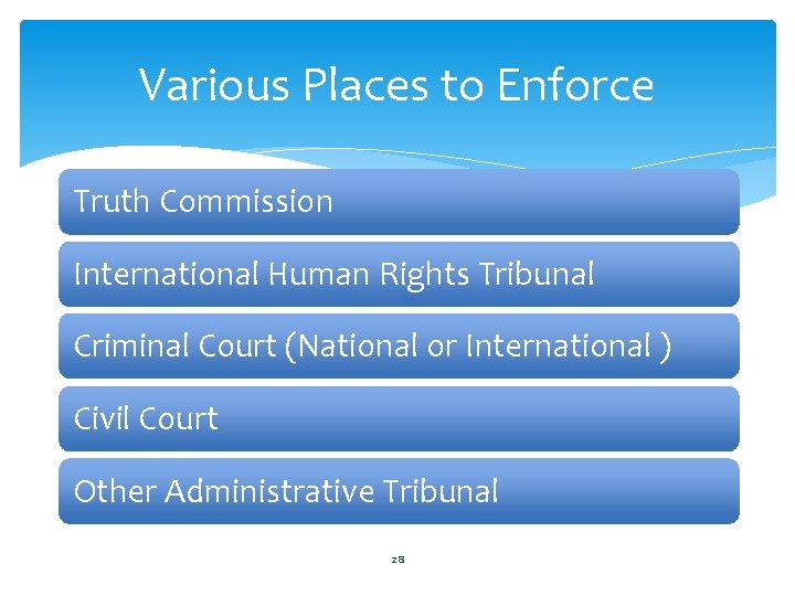 Various Places to Enforce Truth Commission International Human Rights Tribunal Criminal Court (National or Various Places to Enforce Truth Commission International Human Rights Tribunal Criminal Court (National or
