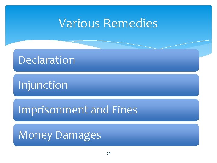 Various Remedies Declaration Injunction Imprisonment and Fines Money Damages 30 Various Remedies Declaration Injunction Imprisonment and Fines Money Damages 30