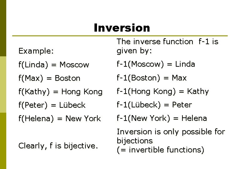 Inversion Example: The inverse function f-1 is given by: f(Linda) = Moscow f-1(Moscow) =