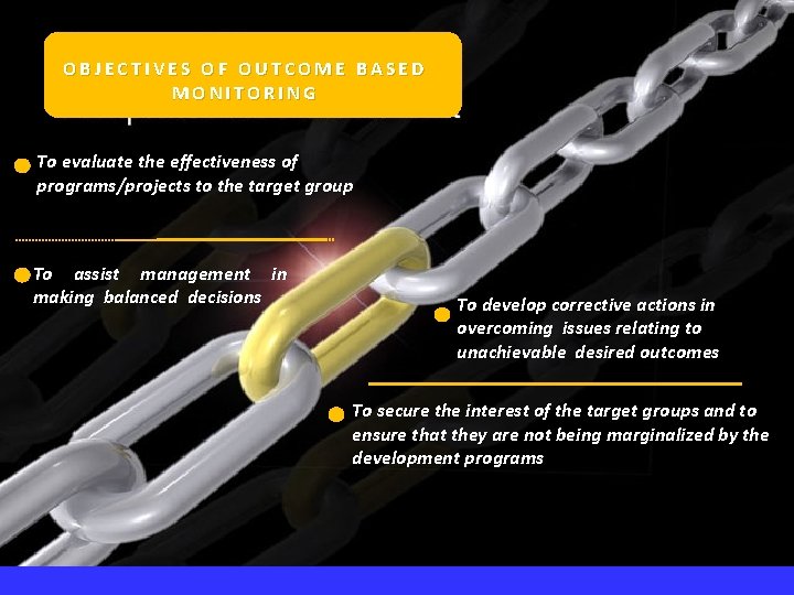 OBJECTIVES OF OUTCOME BASED MONITORING To evaluate the effectiveness of programs/projects to the target