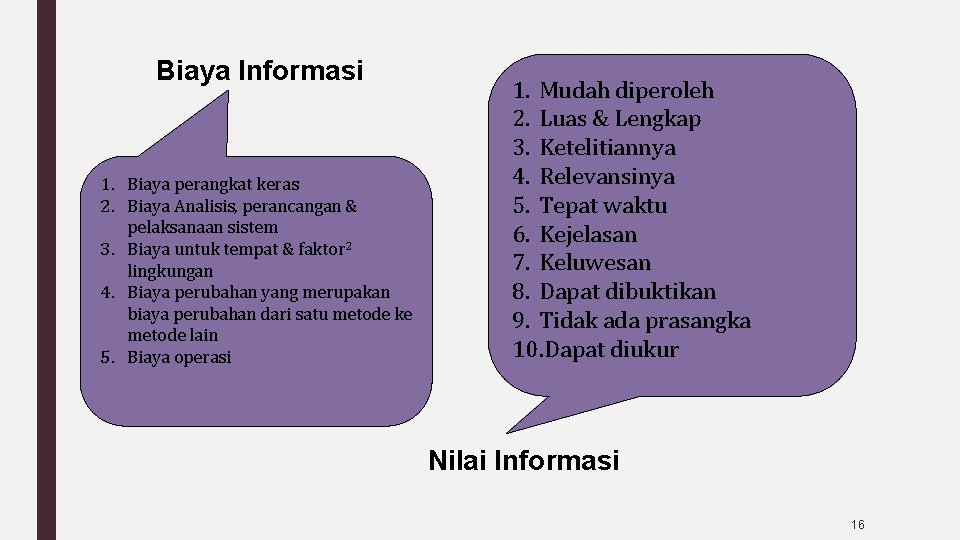 Biaya Informasi 1. Biaya perangkat keras 2. Biaya Analisis, perancangan & pelaksanaan sistem 3.