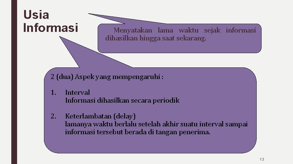 Usia Informasi Menyatakan lama waktu sejak informasi dihasilkan hingga saat sekarang. 2 (dua) Aspek