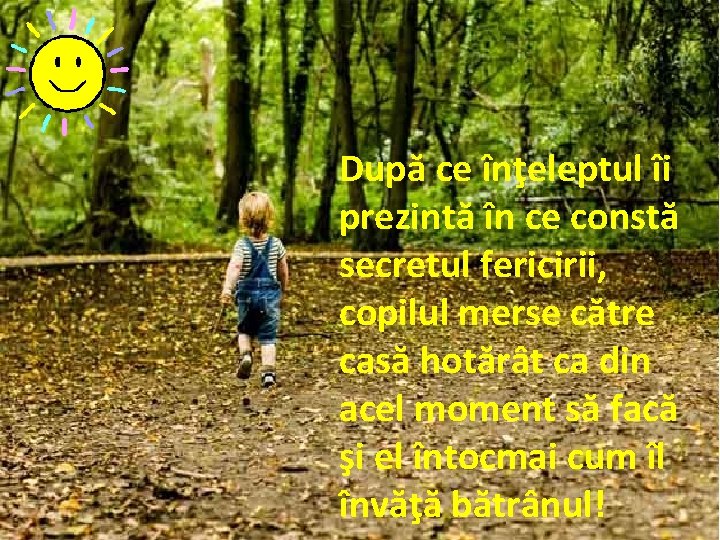 După ce înţeleptul îi prezintă în ce constă secretul fericirii, copilul merse către casă