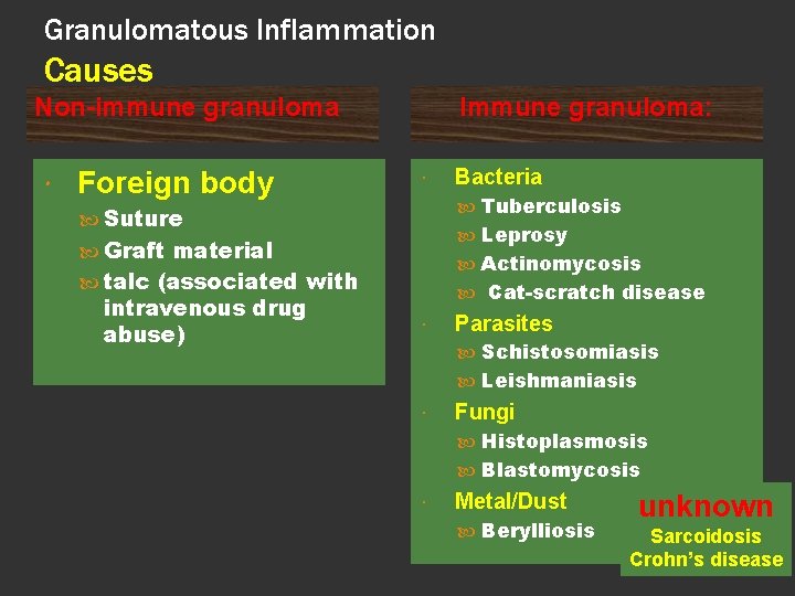 Granulomatous Inflammation Causes Non-immune granuloma Foreign body Immune granuloma: Tuberculosis Suture Leprosy Graft material
