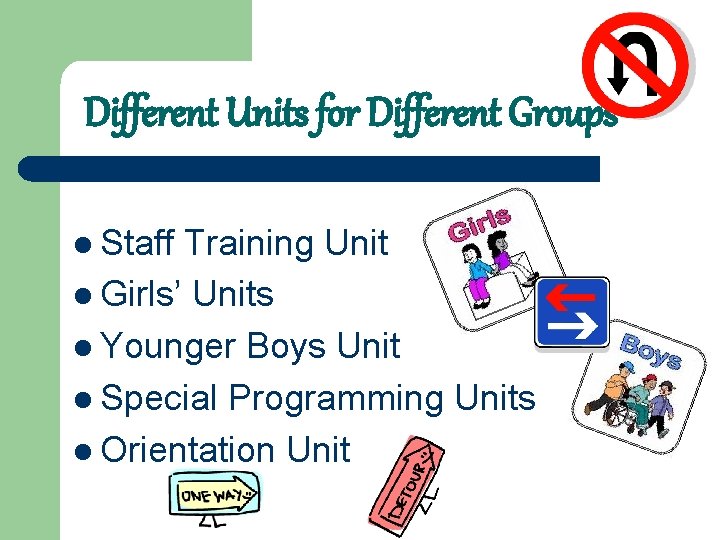 Different Units for Different Groups l Staff Training Unit l Girls’ Units l Younger