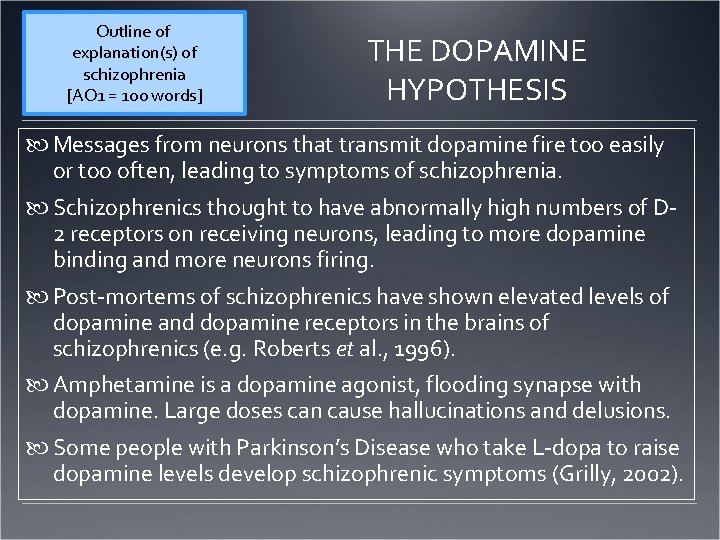 Outline of explanation(s) of schizophrenia [AO 1 = 100 words] THE DOPAMINE HYPOTHESIS Messages