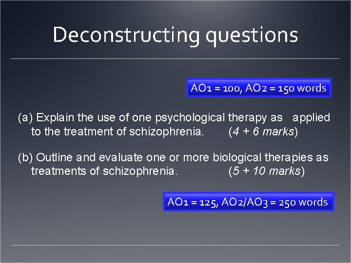 Deconstructing questions AO 1 = 100, AO 2 = 150 words (a) Explain the