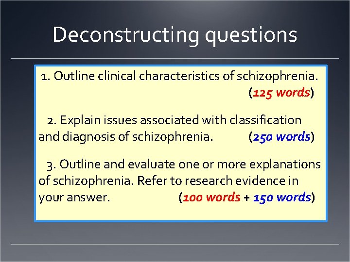 Deconstructing questions 1. Outline clinical characteristics of schizophrenia. (125 words) 2. Explain issues associated
