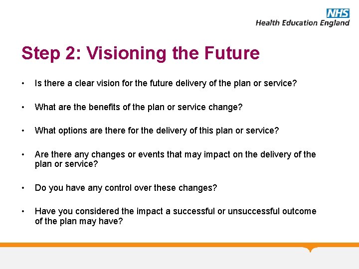 Step 2: Visioning the Future • Is there a clear vision for the future