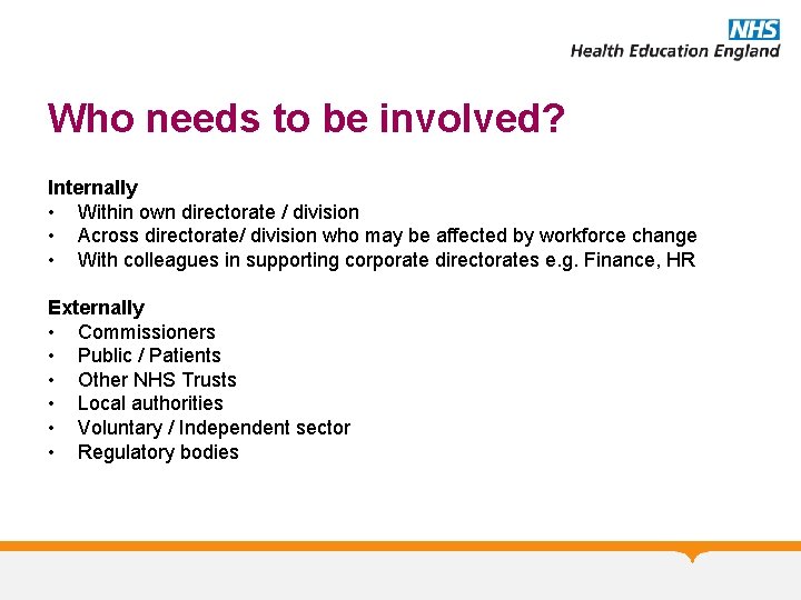 Who needs to be involved? Internally • Within own directorate / division • Across