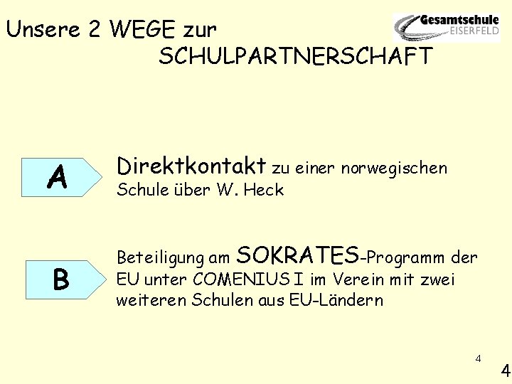 Unsere 2 WEGE zur SCHULPARTNERSCHAFT A B Direktkontakt zu einer norwegischen Schule über W.