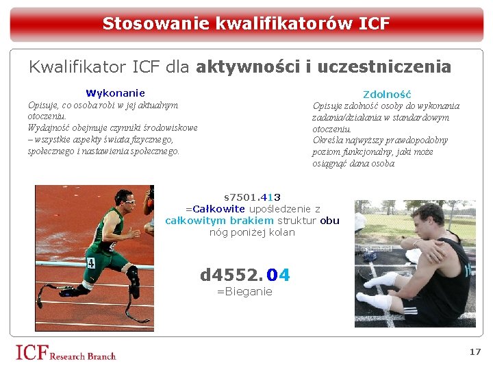 Stosowanie kwalifikatorów ICF Kwalifikator ICF dla aktywności i uczestniczenia Wykonanie Opisuje, co osoba robi