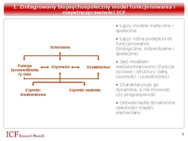 1. Zintegrowany biopsychospołeczny model funkcjonowania i niepełnosprawności ICF • Łączy modele medyczne i społeczne