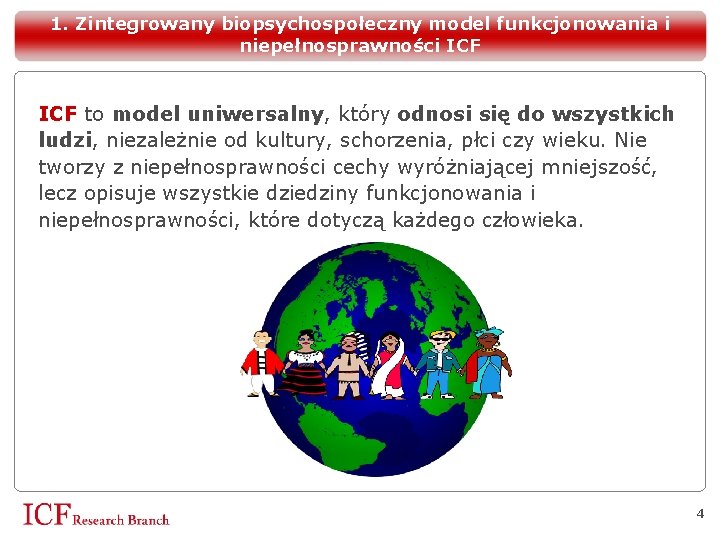 1. Zintegrowany biopsychospołeczny model funkcjonowania i niepełnosprawności ICF to model uniwersalny, który odnosi się