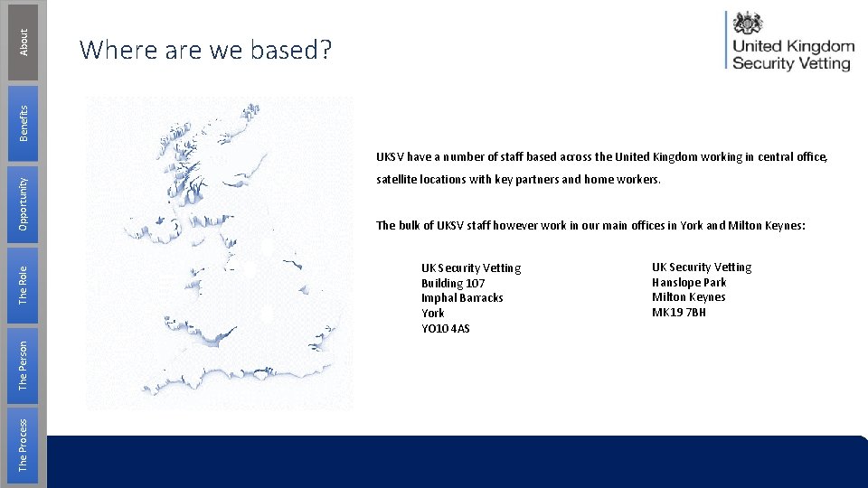 About Benefits Where are we based? The Process The Person The Role Opportunity UKSV About Benefits Where are we based? The Process The Person The Role Opportunity UKSV