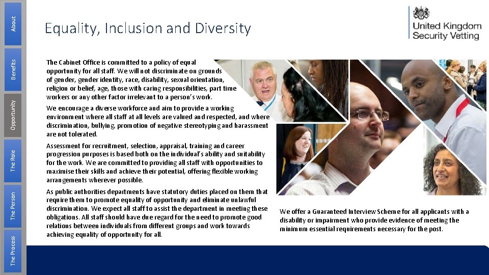 About Benefits Opportunity The Role The Person The Process Equality, Inclusion and Diversity The About Benefits Opportunity The Role The Person The Process Equality, Inclusion and Diversity The