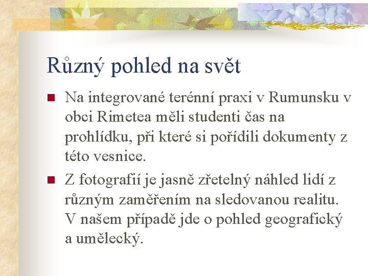 Různý pohled na svět n n Na integrované terénní praxi v Rumunsku v obci