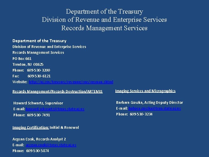 Department of the Treasury Division of Revenue and Enterprise Services Records Management Services PO