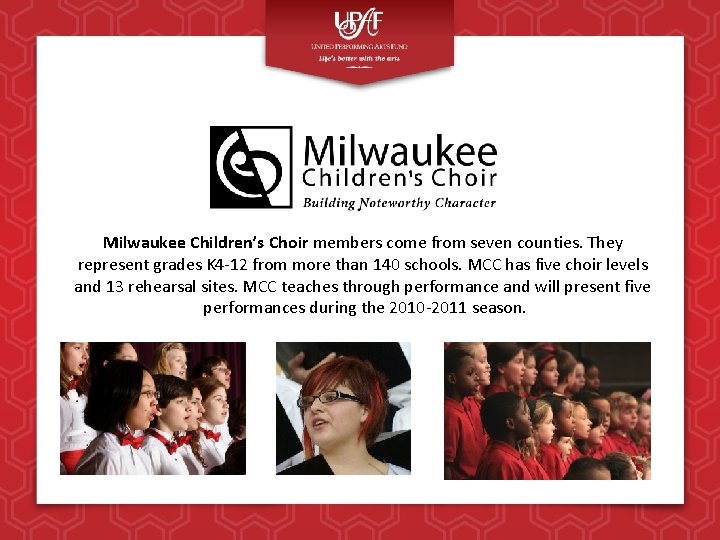 Milwaukee Children’s Choir members come from seven counties. They represent grades K 4 -12 Milwaukee Children’s Choir members come from seven counties. They represent grades K 4 -12
