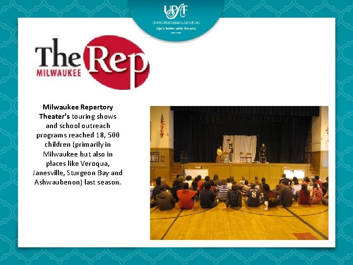 Milwaukee Repertory Theater’s touring shows and school outreach programs reached 18, 500 children (primarily Milwaukee Repertory Theater’s touring shows and school outreach programs reached 18, 500 children (primarily