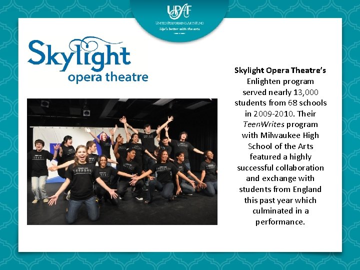 Skylight Opera Theatre’s Enlighten program served nearly 13, 000 students from 68 schools in Skylight Opera Theatre’s Enlighten program served nearly 13, 000 students from 68 schools in