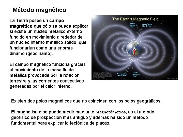  Método magnético La Tierra posee un campo magnético que sólo se puede explicar