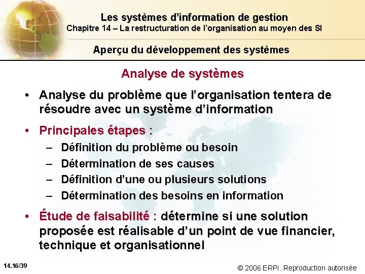 Les systèmes d’information de gestion Chapitre 14 – La restructuration de l’organisation au moyen