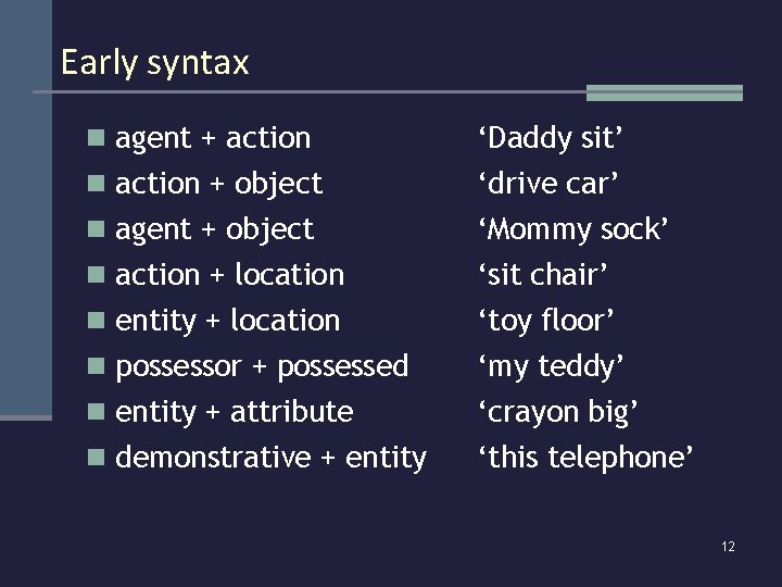 Early syntax n agent + action ‘Daddy sit’ n action + object ‘drive car’
