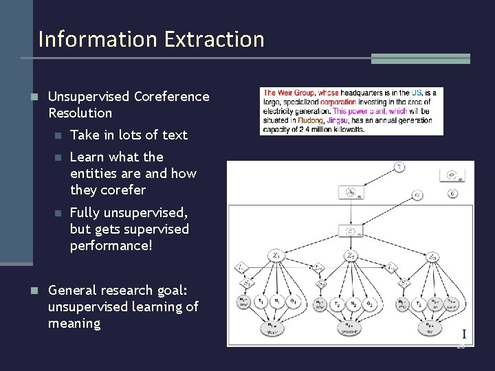 Information Extraction n Unsupervised Coreference Resolution n Take in lots of text n Learn