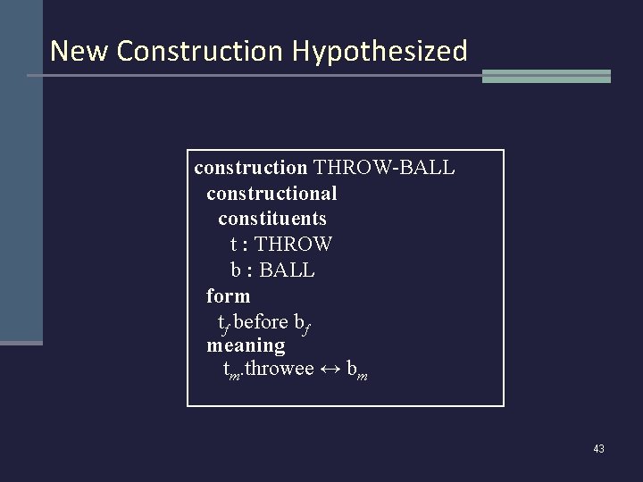 New Construction Hypothesized construction THROW-BALL constructional constituents t : THROW b : BALL form