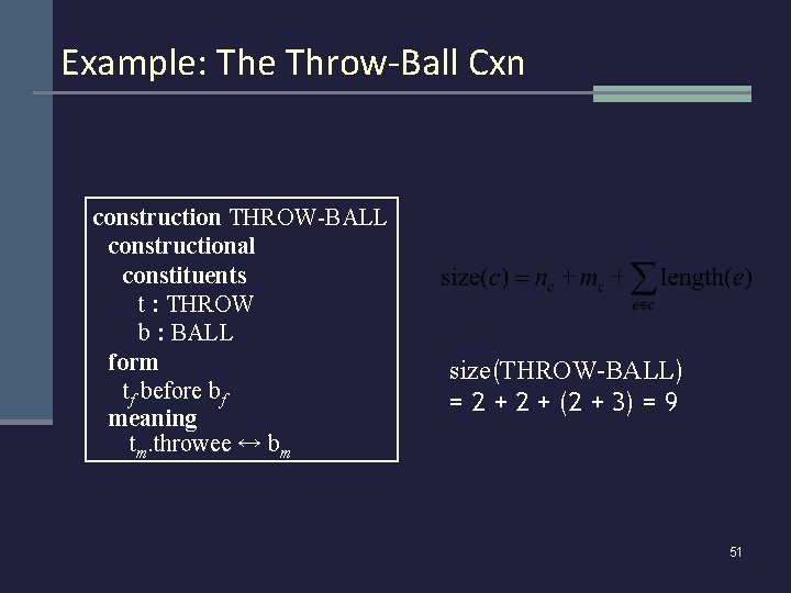 Example: The Throw-Ball Cxn construction THROW-BALL constructional constituents t : THROW b : BALL