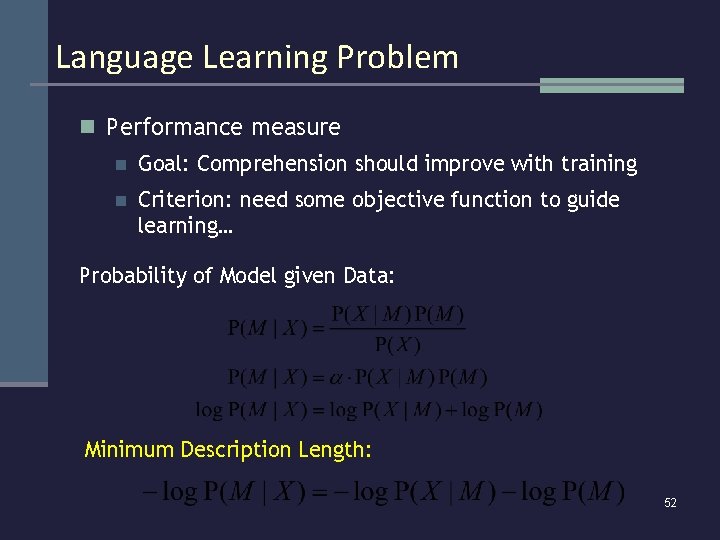 Language Learning Problem n Performance measure n Goal: Comprehension should improve with training n