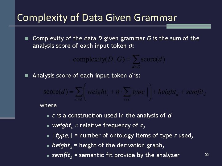 Complexity of Data Given Grammar n Complexity of the data D given grammar G