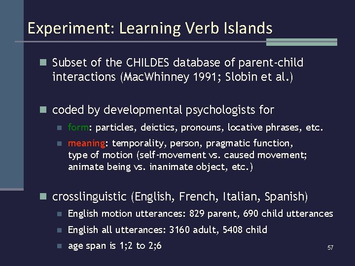 Experiment: Learning Verb Islands n Subset of the CHILDES database of parent-child interactions (Mac.