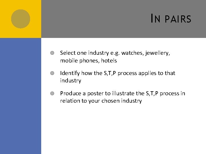 I N PAIRS Select one industry e. g. watches, jewellery, mobile phones, hotels Identify I N PAIRS Select one industry e. g. watches, jewellery, mobile phones, hotels Identify
