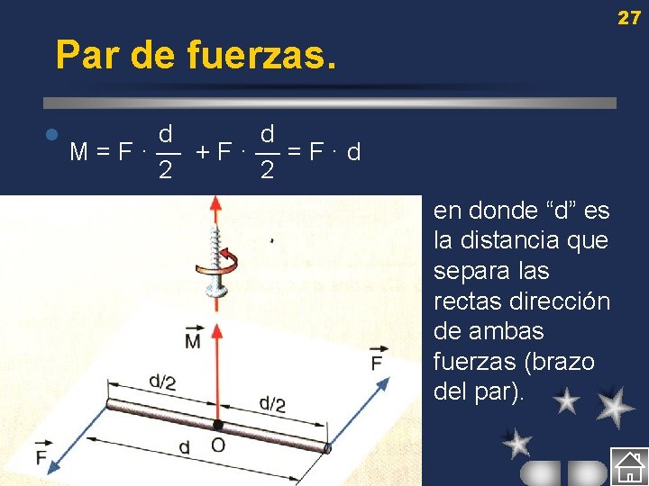 27 Par de fuerzas. l l d d M=F·— +F·—=F·d 2 2 en donde