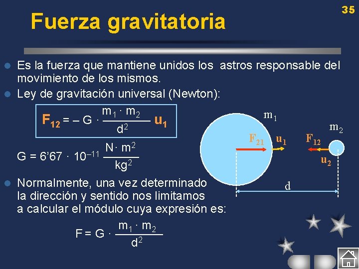Fuerza gravitatoria 35 Es la fuerza que mantiene unidos los astros responsable del movimiento