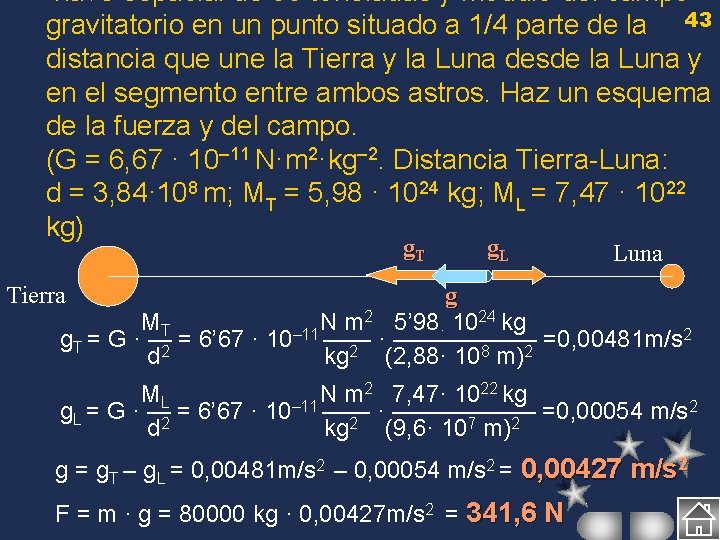 nave espacial de 80 toneladas y módulo del campo gravitatorio en un punto situado