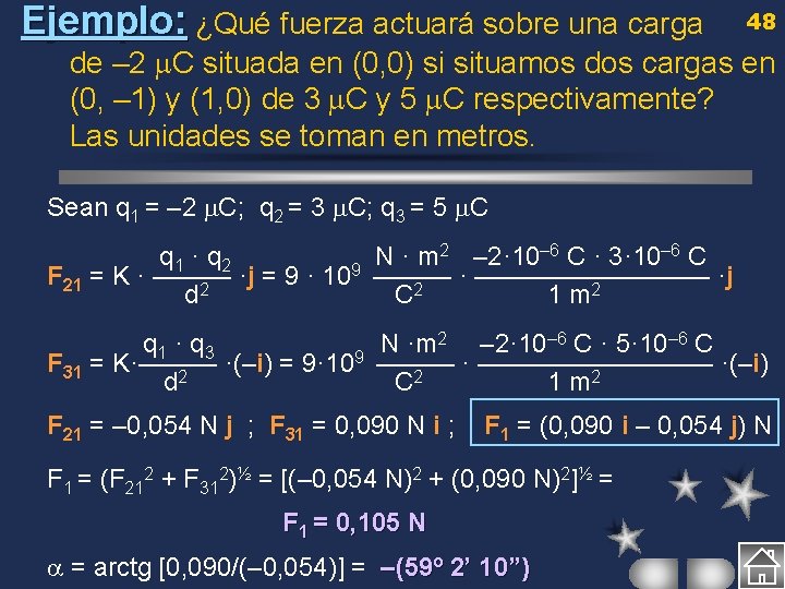 Ejemplo: ¿Qué fuerza actuará sobre una carga 48 de – 2 C situada en