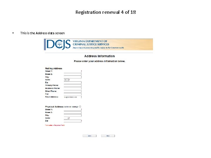 Registration renewal 4 of 18 • This is the Address data screen 