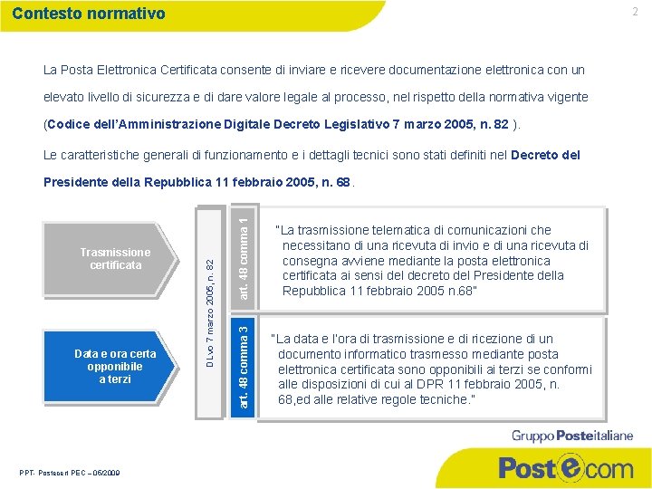 Contesto normativo 2 La Posta Elettronica Certificata consente di inviare e ricevere documentazione elettronica