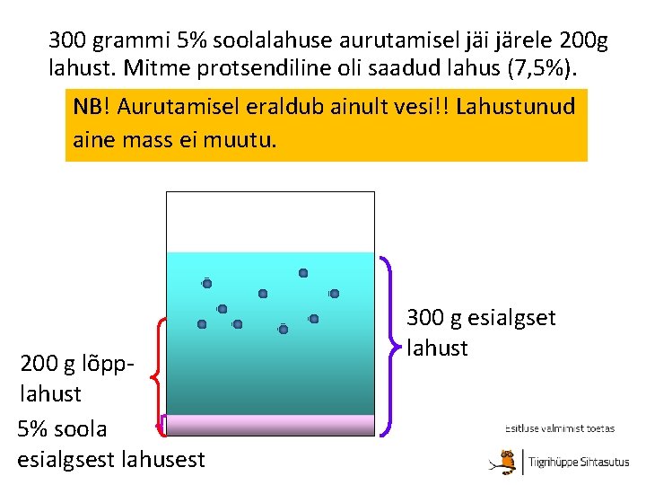 300 grammi 5% soolalahuse aurutamisel jäi järele 200 g lahust. Mitme protsendiline oli saadud
