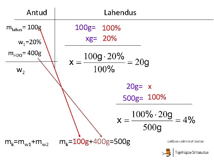 Antud mlahus= 100 g w 1=20% Lahendus 100 g= 100% xg= 20% m. H