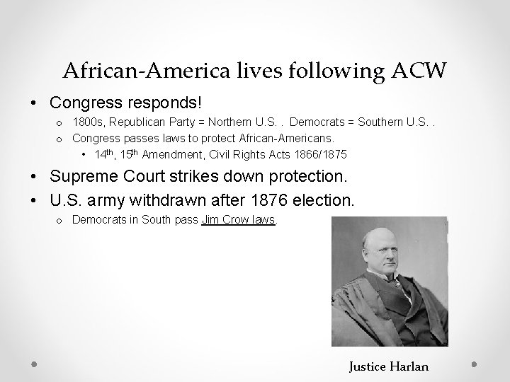 African-America lives following ACW • Congress responds! o 1800 s, Republican Party = Northern