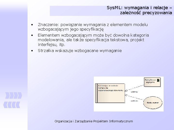 Sys. ML: wymagania i relacje – zależność precyzowania § Znaczenie: powiązanie wymagania z elementem