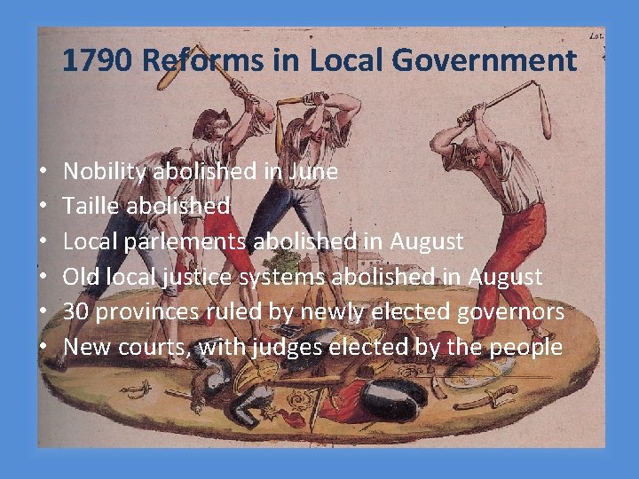 1790 Reforms in Local Government • • • Nobility abolished in June Taille abolished